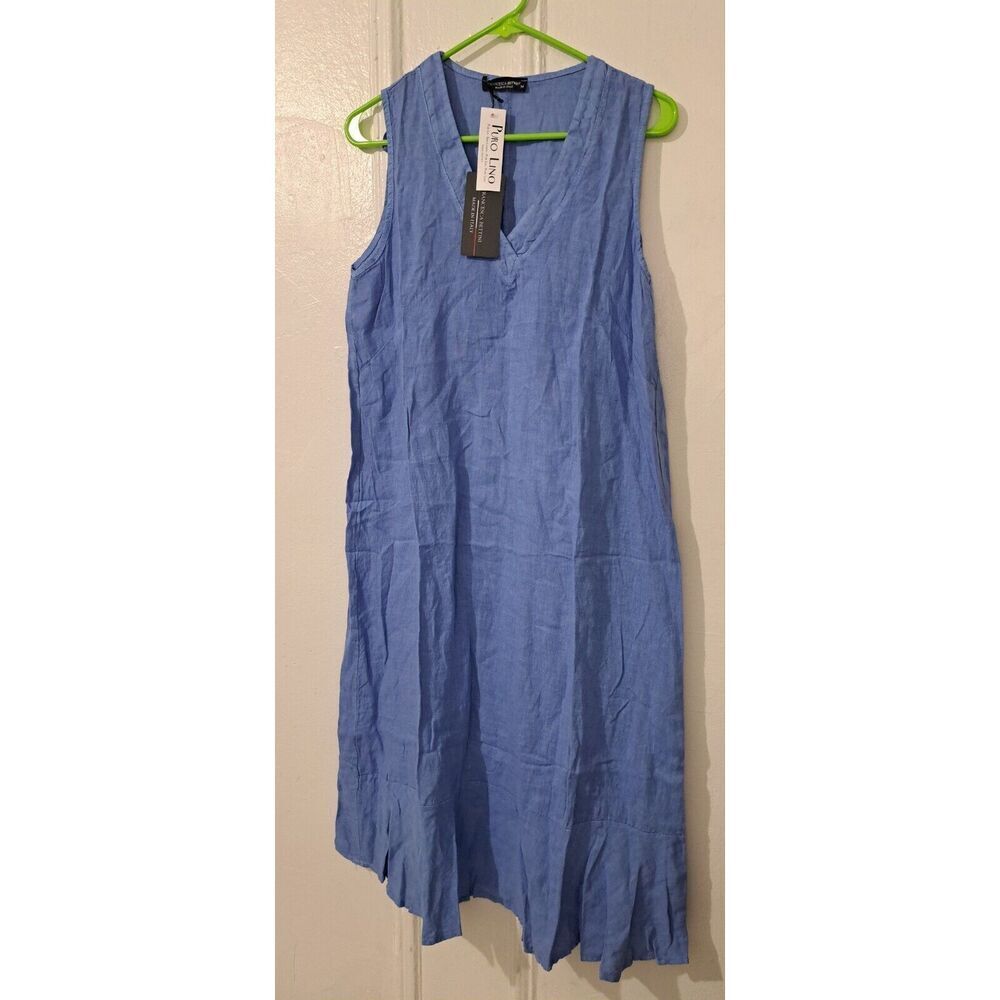 Francesca Bettini Womens large baby blue 100% linen midi dress flare swing - Picture 2 of 7